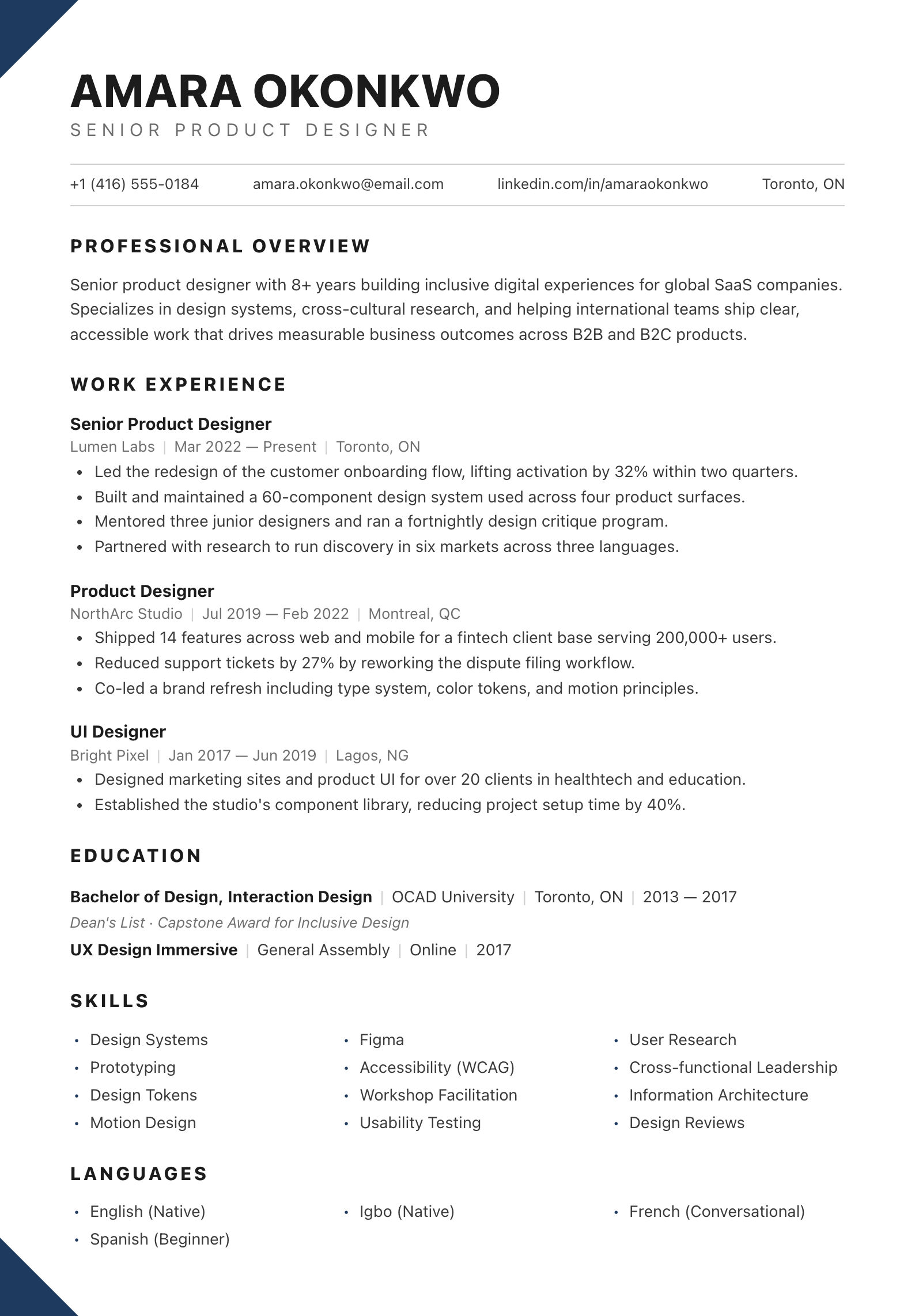 Corner Accent Canadian resume template preview