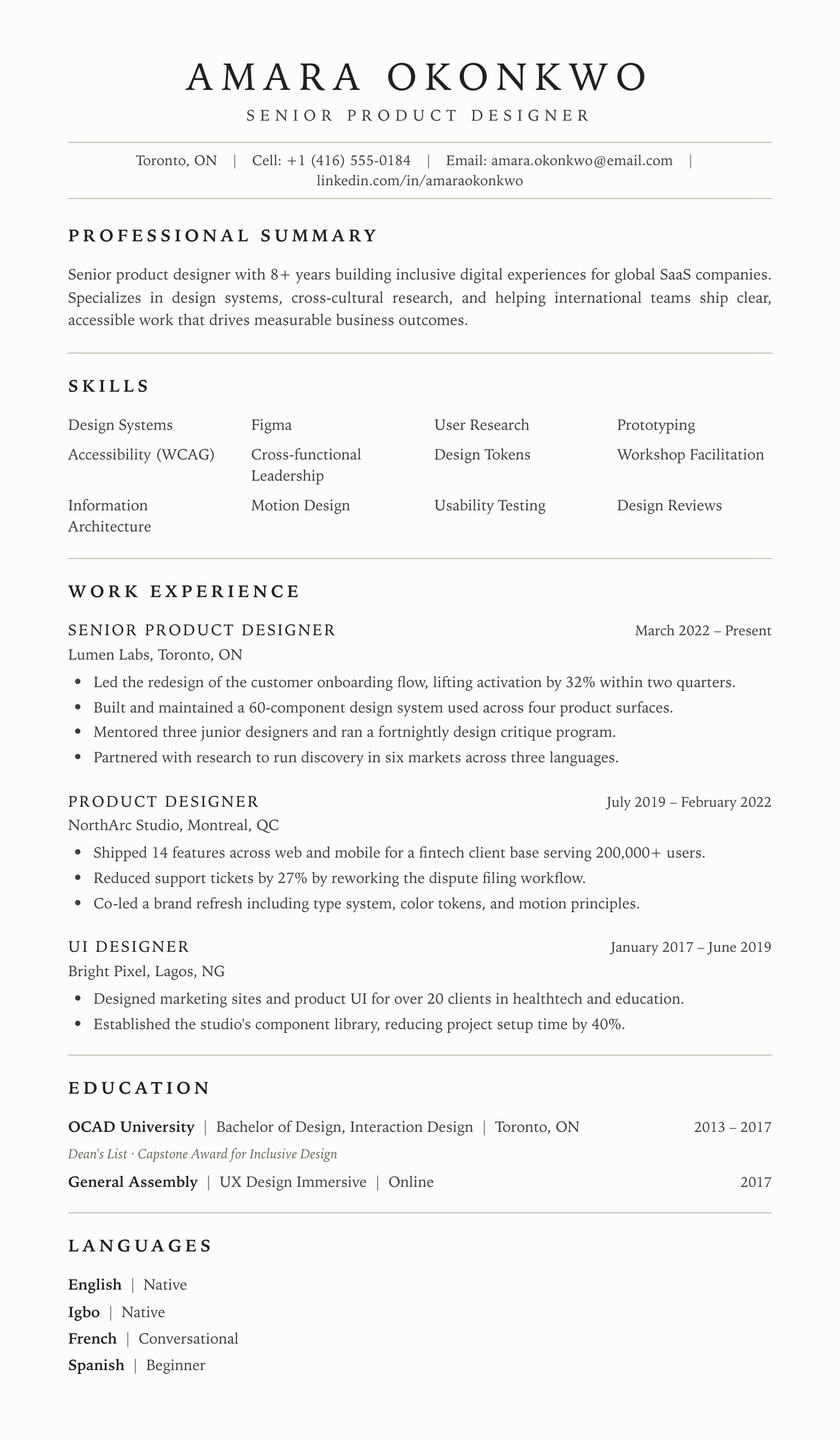 Refined Serif Canadian resume template preview