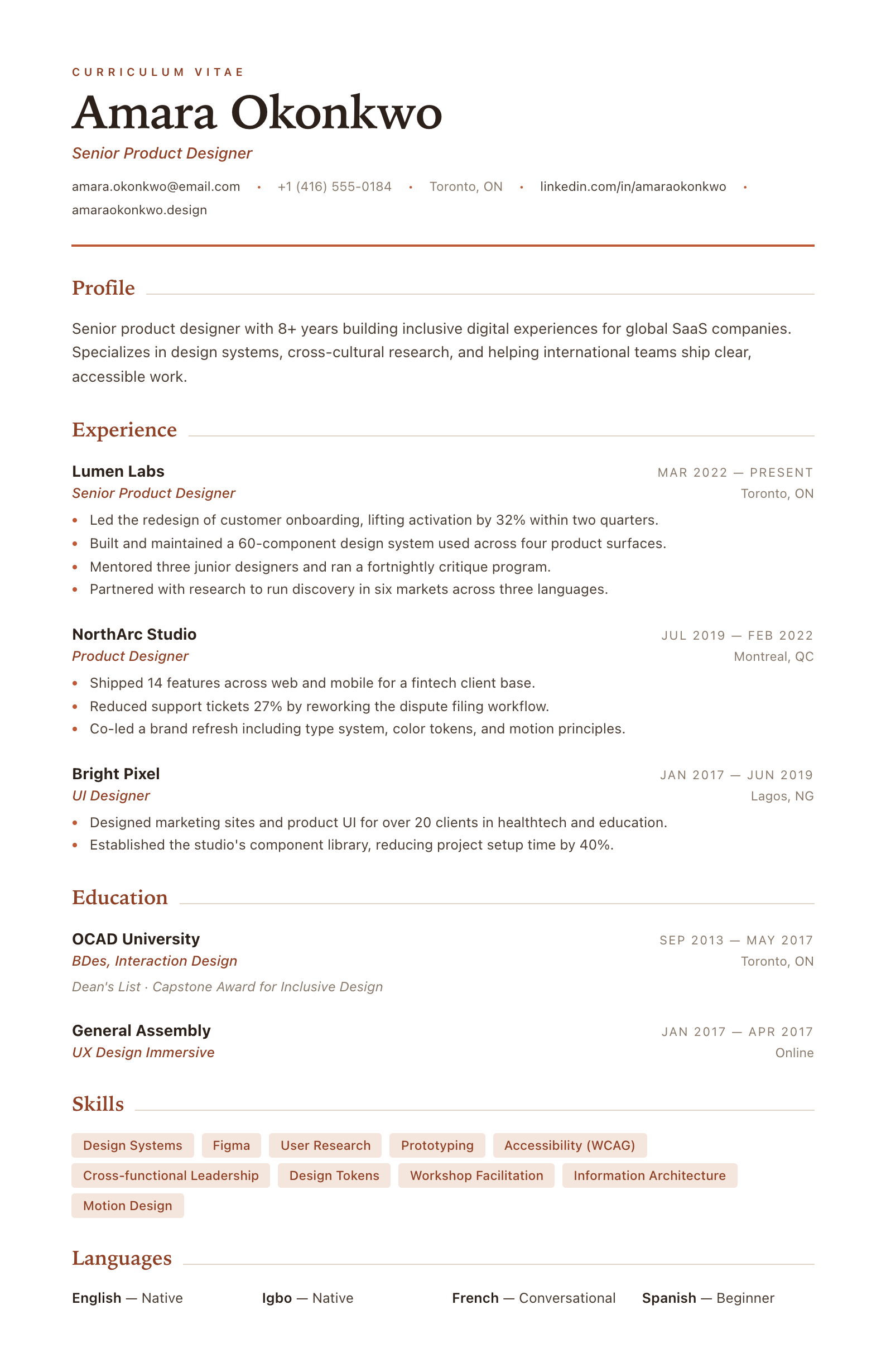 Warm Editorial Canadian resume template preview
